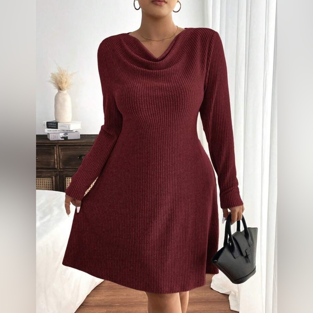 🌹 Chic Burgundy Knit Dress by SHEIN – Long Sleeve Elegance ✨